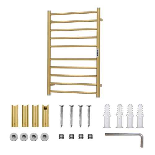 Electric Towel Warmer Rack,Heating Towel Warmer,Timer & Temperature Control,Wall-Mounted Plug-in for Bathroom, Gold,Stainless Steel,10-Bar(31.5x20.08x4.41in) - color: Round-matte Gold With Brushed Top, size: 10 Bars