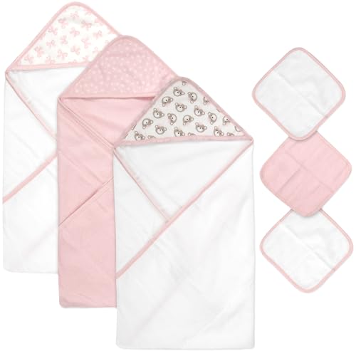 Hooded Baby Bath Towel and Washcloth 6 Piece Set for Newborns, Infants & Toddlers, Boys & Girls Baby Hooded Towels Set (Pink Bows and Teddy Bears) - color: Pink Bows and Teddy Bears