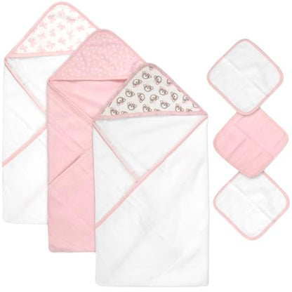 Hooded Baby Bath Towel and Washcloth 6 Piece Set for Newborns, Infants & Toddlers, Boys & Girls Baby Hooded Towels Set (Pink Bows and Teddy Bears) - color: Pink Bows and Teddy Bears