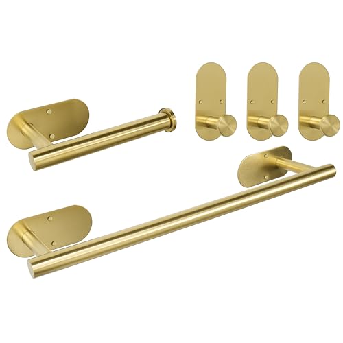 TocTen 5 Pieces Wall Mounted or Self Adhesive Towel Bar Set, Stainless Steel Bathroom Hardware Set Include 16″ Towel Rack, Toilet Paper Holder, 3 Towel Hook, Sticky Bathroom Accessory Kit (Gold) - color: Brushed Gold