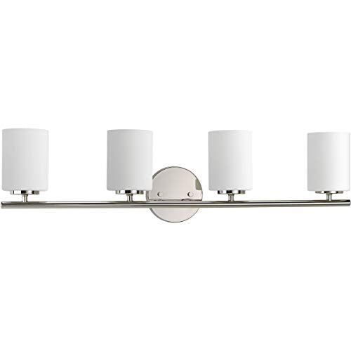Progress Lighting Replay Collection 4 Light Bathroom Vanity Light, Modern Bath Lighting Fixture with Etched White Glass Shades for Over The Mirror, Reversible Mounting, Polished Nickel - color: Polished Nickel, size: 4-Light