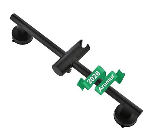 Upgrade 17.7inch Black Shower Slide Bar w/ Vacuum Suction Cup,Reusable & Removable Handheld Shower Head 360°Adjust,Hassle-Free Install for Bathroom Wall Mount,Stainless Steel,No-Drill Renter Friendly - color: Matte Black