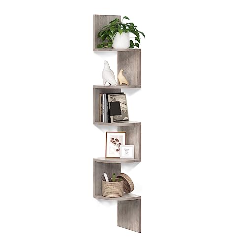 VASAGLE CUSTOS Collection - Corner Shelf Wall Mount, 5-Tier Floating Corner Bookshelf, Plant Shelf for Bedroom, Living Room, Bathroom, Home Office, Greige ULBC072M01 - color: Heather Greige