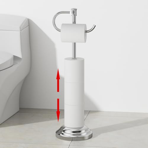 RUMOSE Toilet Paper Holder Stand for Floor Free Standing, Chrome | Bathroom Freestanding Toilet Tissue Roll Holder with Storage, Adjustable 17-25 Inch, Rustproof, SUS304 Stainless Steel - color: Chrome