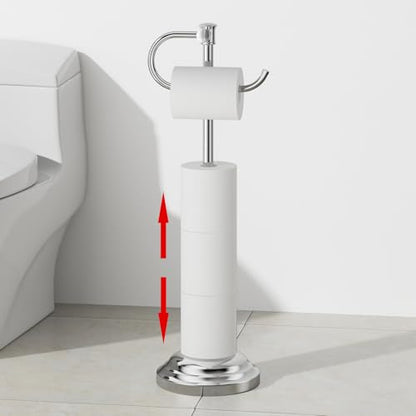 RUMOSE Toilet Paper Holder Stand for Floor Free Standing, Chrome | Bathroom Freestanding Toilet Tissue Roll Holder with Storage, Adjustable 17-25 Inch, Rustproof, SUS304 Stainless Steel - color: Chrome