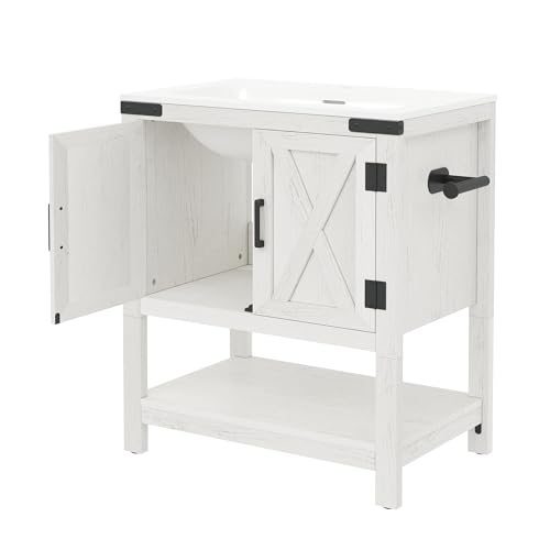 AMERLIFE 24" White Farmhouse Bathroom Vanity with Sink and Open Shelf | Antique White, Single Solid White Integrated Top, Moisture-Resistant MDF, Barn Doors, Open Shelf, Paper Towel Holder - color: Antique White, size: 24“
