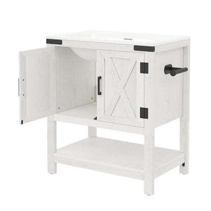 AMERLIFE 24" White Farmhouse Bathroom Vanity with Sink and Open Shelf | Antique White, Single Solid White Integrated Top, Moisture-Resistant MDF, Barn Doors, Open Shelf, Paper Towel Holder - color: Antique White, size: 24“