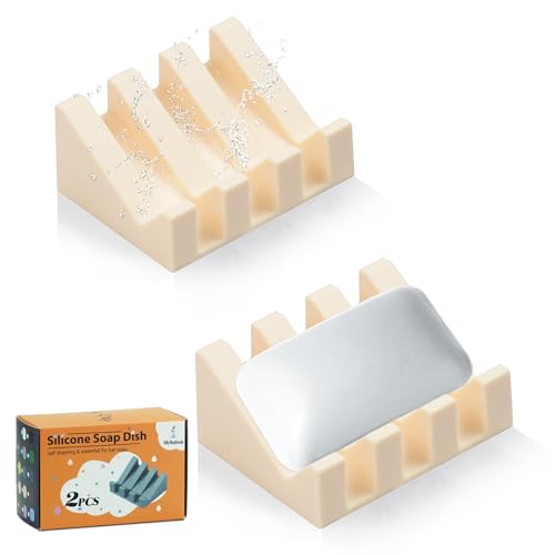 Silicone Soap Dish Self Draining for Shower & Kitchen (Cream White,2 Pack) | Waterfall drainage design drains fast to keep soap dry; non-slip silicone base, practical soap saver for bathroom & kitchen - color: Cream White, size: 2
