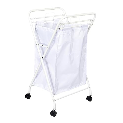 Household Essentials Rolling Laundry Hamper, Heavy Duty Canvas Bag, 2 Load Capacity, Foldable Frame, White Bag with Velcro Fasteners, White - color: White/White