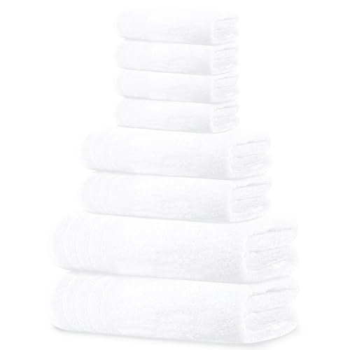 8 Piece Towel Set, 2 XL Bath, 2 Hand, 4 Washcloth, White | 100% Cotton, Lighter Weight, Quicker to Dry, Super Absorbent, Perfect for Bathroom - color: White