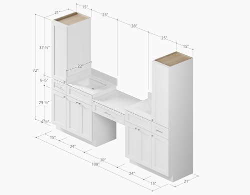 108" Double Sink Bathroom Vanity with Makeup Desk and Dual Linen Storage Towers, 3 Drawers, Carrara Quartz Top and Ceramic Sinks, Solid Wood Frame, 108" x 22" x 72" (White) - color: White