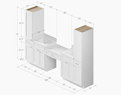 108" Double Sink Bathroom Vanity with Makeup Desk and Dual Linen Storage Towers, 3 Drawers, Carrara Quartz Top and Ceramic Sinks, Solid Wood Frame, 108" x 22" x 72" (White) - color: White