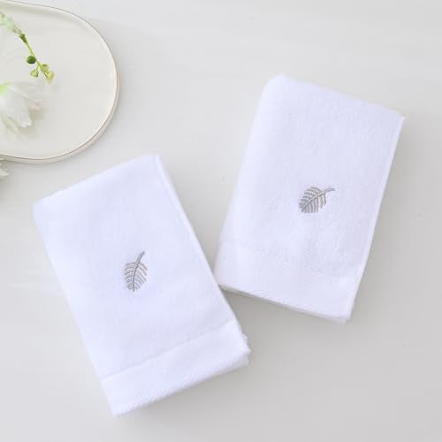 YiLUOMO Elegant White Hand Towels Silver Feathers Embroidered Set of 2 Super Thick Luxury 100% Cotton Ultra Soft Highly Absorbent Bathroom Hand Towel, 13 X 29 Inch - color: Silver
