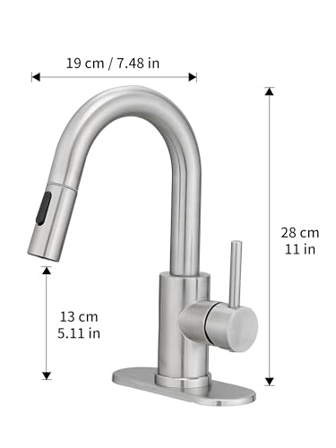 Brushed Bathroom Sink Faucet with Pull Out Sprayer for Sink 1 Hole,Bar Sink Faucet with Pop-Up Drain,Stainless Steel Single Handle Kitchen Faucet 360° Swivel Bathroom Faucets for Two Water Outlet Mode - color: Brushed Nickel, style: Pull-out