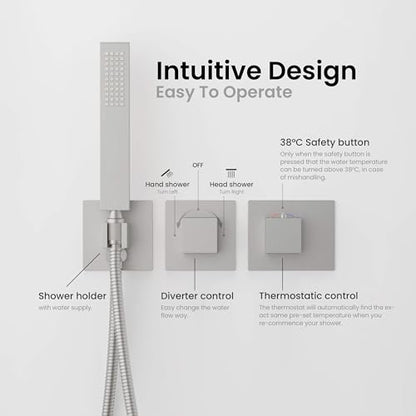 KIBI Cube Thermostatic Bathroom Shower System – 2-Function Wall Mounted Shower Set with Rough-In Valve, Modern Brushed Nickel Finish, Durable Rust-Resistant Bathroom Shower Faucet Kit - color: Brushed Nickel