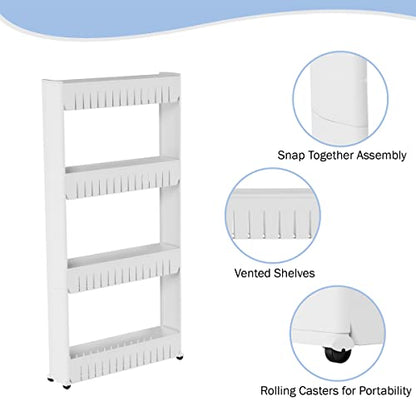 Lavish Home 4-Tier Storage Organizer Rack, White, 21.5” x 5” x 40” | Plastic Rolling Cart for Office, Dorm, Bedroom, Bathroom, and Laundry Room Organizing - size: 4-Tier