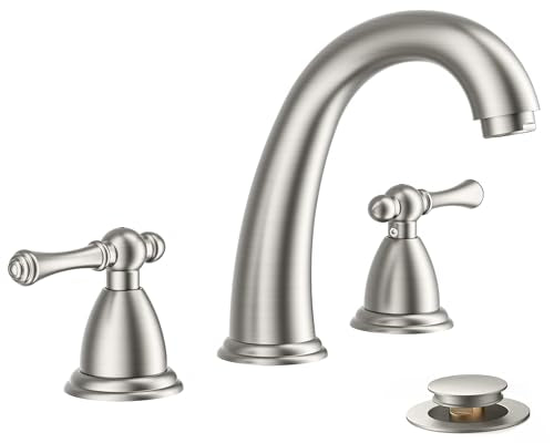 FORIOUS Bathroom Faucet 3 Hole Widespread 8" Sink Faucets Brushed Nickel | 3-hole 6-12 Inch Widespread Sink, 2 Lever Handle, with Drain and Hoses,for Vanity Rv Commercial Lavatory Restroom Farmhouse - color: Stainless Steel, style: Classic