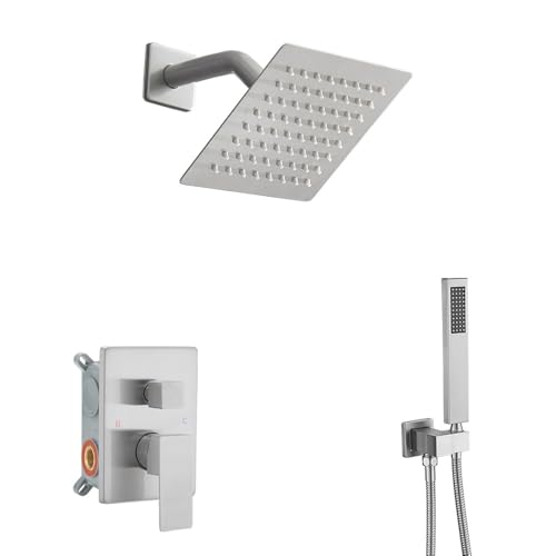 Shower System Brushed Nickel Bathroom Rainfall Shower Faucet Set Complete Wall Mounted 6 Inch Shower Head and Handle Set with Rough-in Valve Body and Trim Kit - color: Brushed Nickel, size: 6 Inch