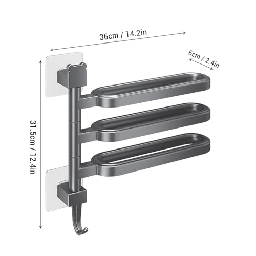 Buachois Swivel Towel Bar, 4 Arm Wall Mounted Rotating Towel Rack Holder with Hooks ABS Black for Bathroom Kitchen Balcony (3 Rods) - color: 3 Rods