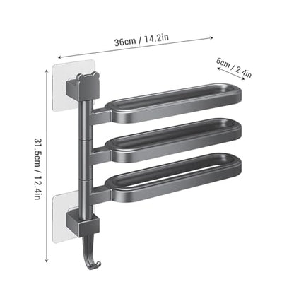 Buachois Swivel Towel Bar, 4 Arm Wall Mounted Rotating Towel Rack Holder with Hooks ABS Black for Bathroom Kitchen Balcony (3 Rods) - color: 3 Rods