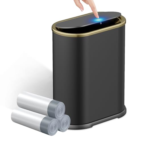 KSSKSS 1.8 Gallons Small White Bathroom Trash Can with Lid, Slim Bathroom Garbage Bin, Dog Proof Trash Can with Pop-Up Lid for Bedroom,Toile, Black - color: Black