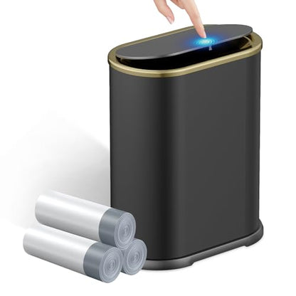 KSSKSS 1.8 Gallons Small White Bathroom Trash Can with Lid, Slim Bathroom Garbage Bin, Dog Proof Trash Can with Pop-Up Lid for Bedroom,Toile, Black - color: Black