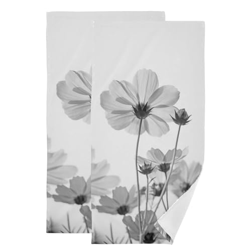 2 Pack Grey White Daisy Hand Towels for Bathroom,Absorbent Fingertip Guest Elegant Wildflower Plant Retro Decorative Bath Towels,Soft Black Gray Floral Dish Towels for Kitchen Decor 14"x28" - color: Grey