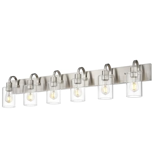 Emliviar Large Bathroom Wall Light, 6-Light Industrial Bathroom Lighting Fixtures Over Mirror, Brushed Nickel Finish with Clear Glass, YCE237B-6W BN - color: Brushed Nickel - Clear Glass, size: 6-Light