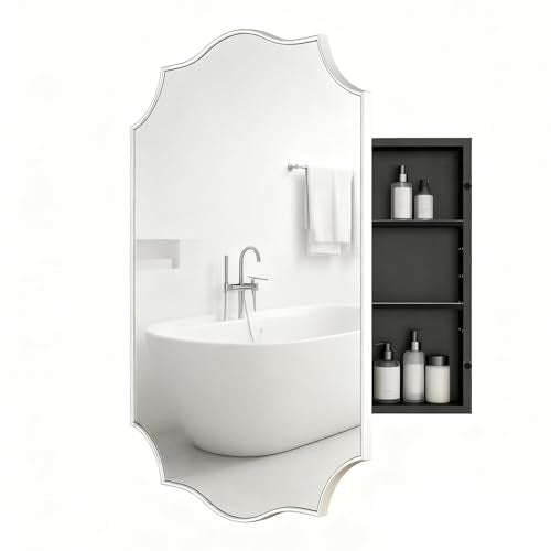 Sliver Scalloped Edge Vintage Medicine Cabinet Mirror, Decorative Bathroom Storage Cabinet with 2 Adjustable Shelves, Recessed or Surface Mount (Brushed Sliver, 20x26) - color: Brushed Sliver, size: 20x26