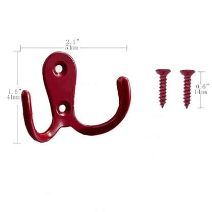 2 Pcs Double Prong Robe Hooks, Dual Coat Hooks Wall Mounted Hanging Clothes for Bathroom Bedroom Door Wall Retro Metal Cloth Hanger Double Coat Hooks with 4 Screws (Red) - color: Red
