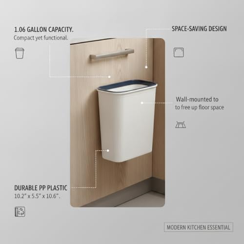 Wall-Mounted Trash Can, Compact 1.06 Gallon Waste Bin for Kitchen Cabinet or Bathroom, Space-Saving PP Plastic Disposal Unit (1 PC) - color: White