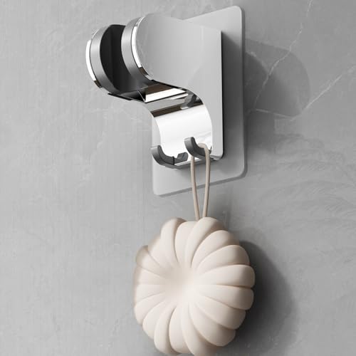 Hand Held Shower Head Holder Wall Mount, 2 Hooks, Chrome, 1 Pack | Shower Hose Holder Adhesive with 2 Hanger Hooks, Adjustable Shower Handle Holder, No Drilling Shower Wand Holder - color: ‎Chrome
