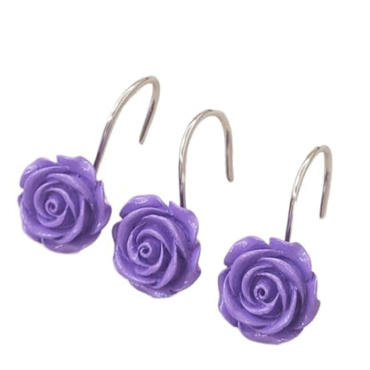 Twofish Home Purple Rose Flower Shower Curtain Hooks Anti Rust Shower Curtain Hooks Decorative Resin Purple Rose Flower Shower Curtain Rings Set of 12 - color: Purple Rose