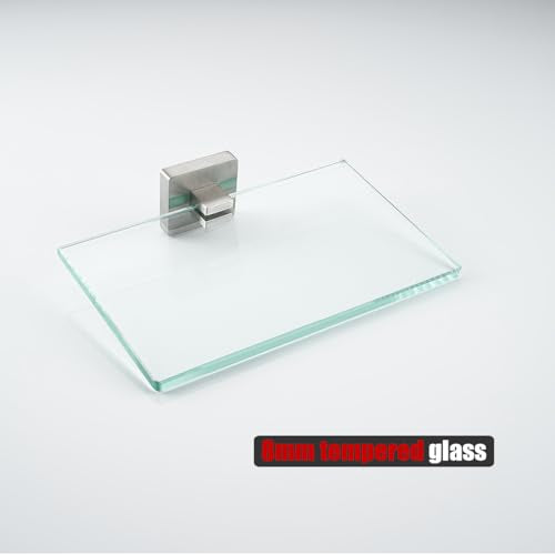 JQK Bathroom Glass Shelf, Tempered Glass Shower Storage 8 by 5 inches, 304 Stainless Steel Brushed Finish Wall Mount, TGS201L8-BN - color: Brushed Steel, size: 8 Inch
