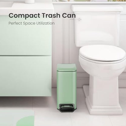 Cesun Small Bathroom Trash Can with Lid, 1.6 Gal, Soft Close, Sage Green | Step pedal soft close, Slim 5.9in fits narrow spaces, Stainless steel, Anti-fingerprint, Removable inner bucket, Odor seal - color: Sage Green