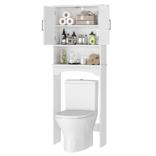 Over The Toilet Storage Cabinet, Double Door Over Toilet Bathroom Organizer, Space-Saving & Open Shelf & Anti-Tip Device, White