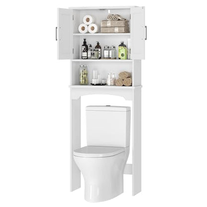 Over The Toilet Storage Cabinet, Double Door Over Toilet Bathroom Organizer, Space-Saving & Open Shelf & Anti-Tip Device, White