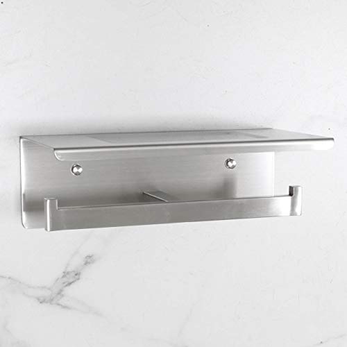 Bathroom Toilet Paper Holder with Shelf, Stainless Steel Double Roll Toilet Tissue Holder Dual Wall Mounted for Mobile Phone Storage, Brushed Finish - color: Brushed