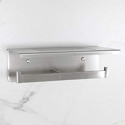 Bathroom Toilet Paper Holder with Shelf, Stainless Steel Double Roll Toilet Tissue Holder Dual Wall Mounted for Mobile Phone Storage, Brushed Finish - color: Brushed