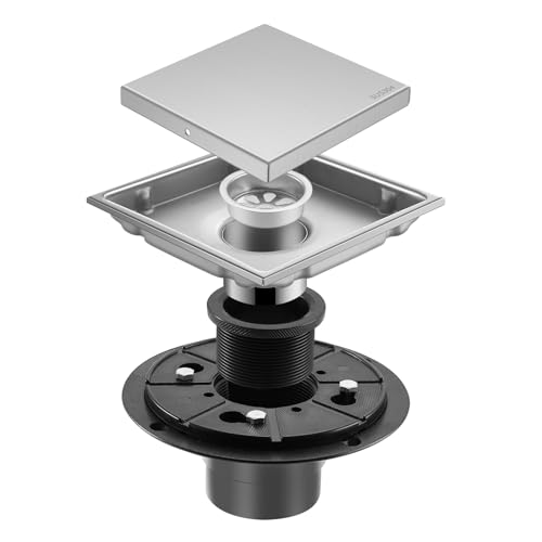Hidden Brushed Square Shower Floor Drain, Silver 6 inch, 304 Stainless Steel, with Flange, Detachable Cover Embedded with Ceramic Tiles - color: Hidden Silver, size: 6 inch