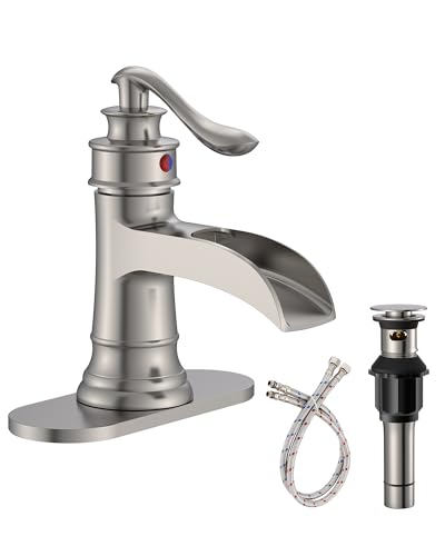 Homevacious Bathroom Faucet Brushed Nickel Waterfall Bathroom Sink Faucets | Single Handle Rustic Vanity Farmhouse RV Faucet Suitable for 1 or 3 Holes with Pop-up Drain Deck Plate Hose by Homevacious - color: Brushed Nickel