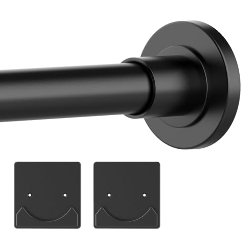 Thestoa Black Tension Shower Curtain Rod, 30-68 Inches with Holders | Includes adhesive holders, rustproof stainless steel, no-drilling spring tension for bathroom, closet & window - color: Black, size: 30"-68"
