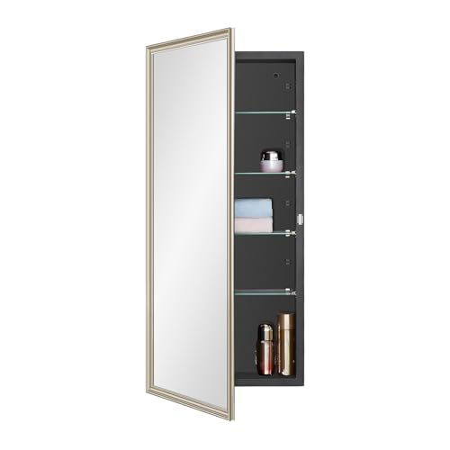 IDYLLOR Black Medicine Cabinet with 16x36 Inch Gold Frame Mirrored Door, Wall Mounted Storage, Recessed or Surface Mount, 4 Adjustable Glass Shelves, Vanity Organizer for Bathroom, Bedroom, Hallway - color: Matte Black, size: 16x36 inch Framed Mirrored Do