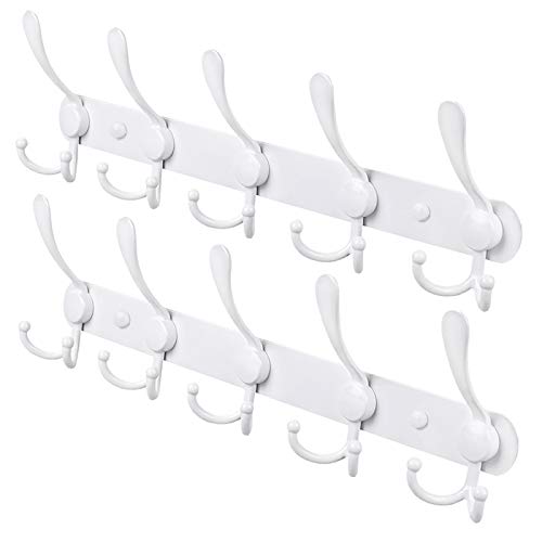 Coat Rack Wall Mount, Heavy Duty with 5 Tri Wall Hooks, Stainless Steel Hooks for Hanging Jackets, Hangers, Hats, Bags, Towels, Purse (White, 2Packs) - color: White