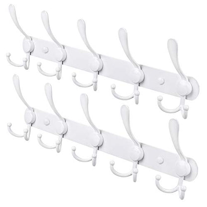 Coat Rack Wall Mount, Heavy Duty with 5 Tri Wall Hooks, Stainless Steel Hooks for Hanging Jackets, Hangers, Hats, Bags, Towels, Purse (White, 2Packs) - color: White