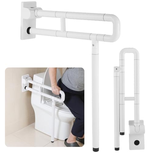 Toilet Safety Rail – Non-Slip Bathroom Grab Bar for Elderly, Disabled & Seniors – Stainless Steel Support Handrail with Non-Slip Grip & Support Leg（White） - color: A:White