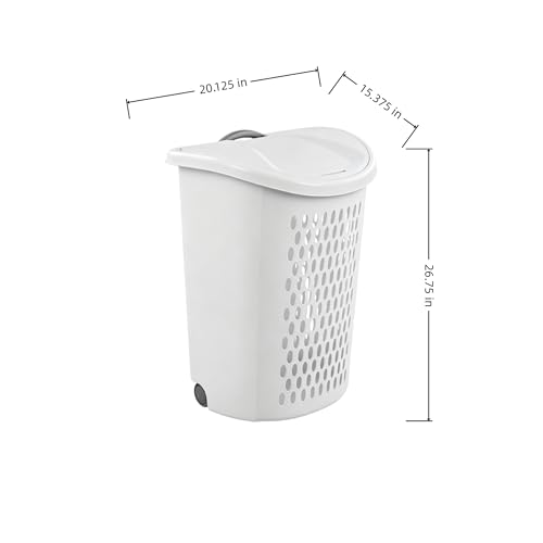 White Laundry Basket, Lid & Wheeled Plastic Laundry Hamper, Hamper with Retractable Handle, Rolling Laundry Hamper for Room, Bathroom, Dormitory, Bedroom