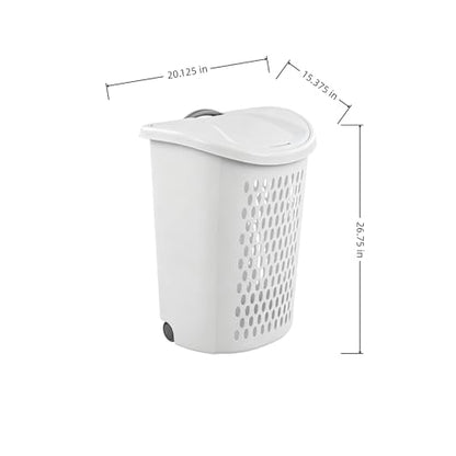 White Laundry Basket, Lid & Wheeled Plastic Laundry Hamper, Hamper with Retractable Handle, Rolling Laundry Hamper for Room, Bathroom, Dormitory, Bedroom