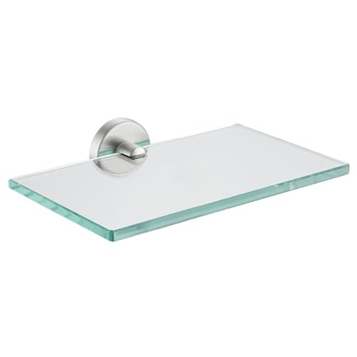 JQK Bathroom Glass Shelf, Tempered Glass Shower Storage 8 by 5 inches, 304 Stainless Steel Brushed Finish Wall Mount, TGS101L8-BN - color: Brushed, size: 8 Inch (1 Pack)