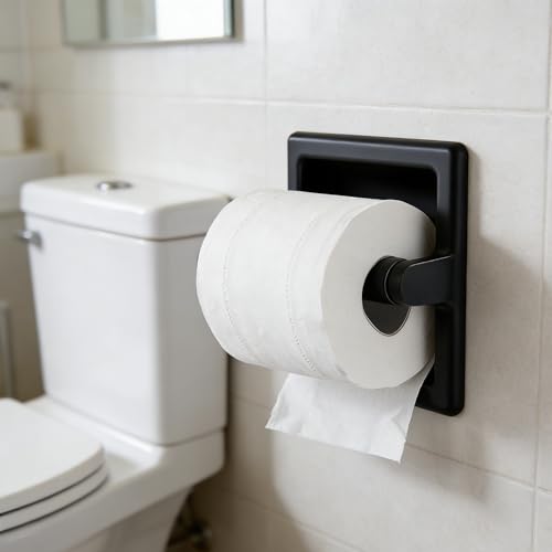 1 Pcs Matte Black Recessed Toilet Paper Holder for Large Rolls, Pivoting Black Toilet Paper Holder Wall Mount Stainless Steel, in Wall Toilet Paper Holder Black, Bathroom Toilet Paper Wall Holder